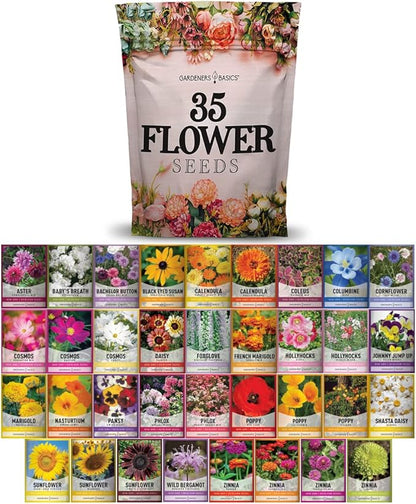 Gardeners Basics, Flower Seeds Packets for Planting 35 Individual Varieties Perennial, Annual, Wildflower Seeds for Planting Outdoors for Bees and Butterflies - Semillas de Flores Hermosas