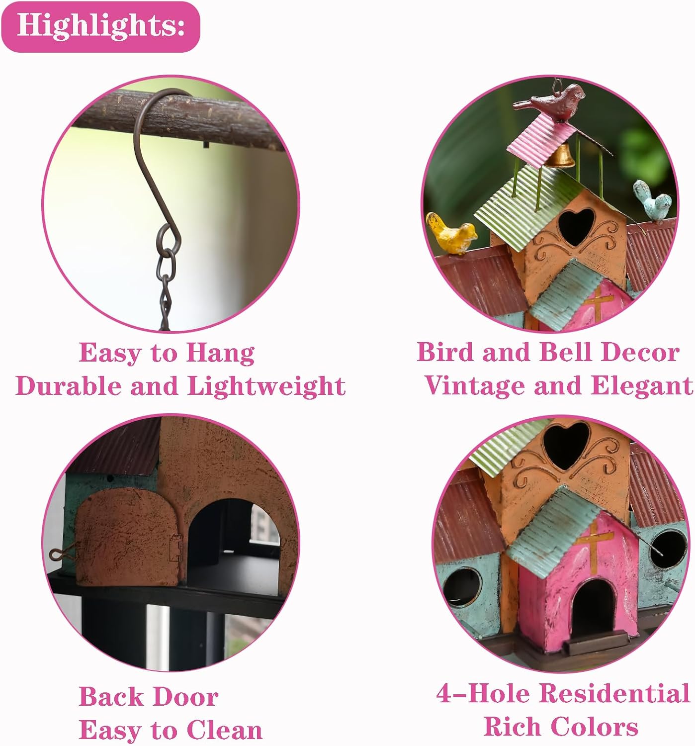 Large Bird Houses for Outside Hanging, 4 Hole Outdoor Bird House with Bell, Easy Clear, Colorful Metal Bird Houses for Outside.