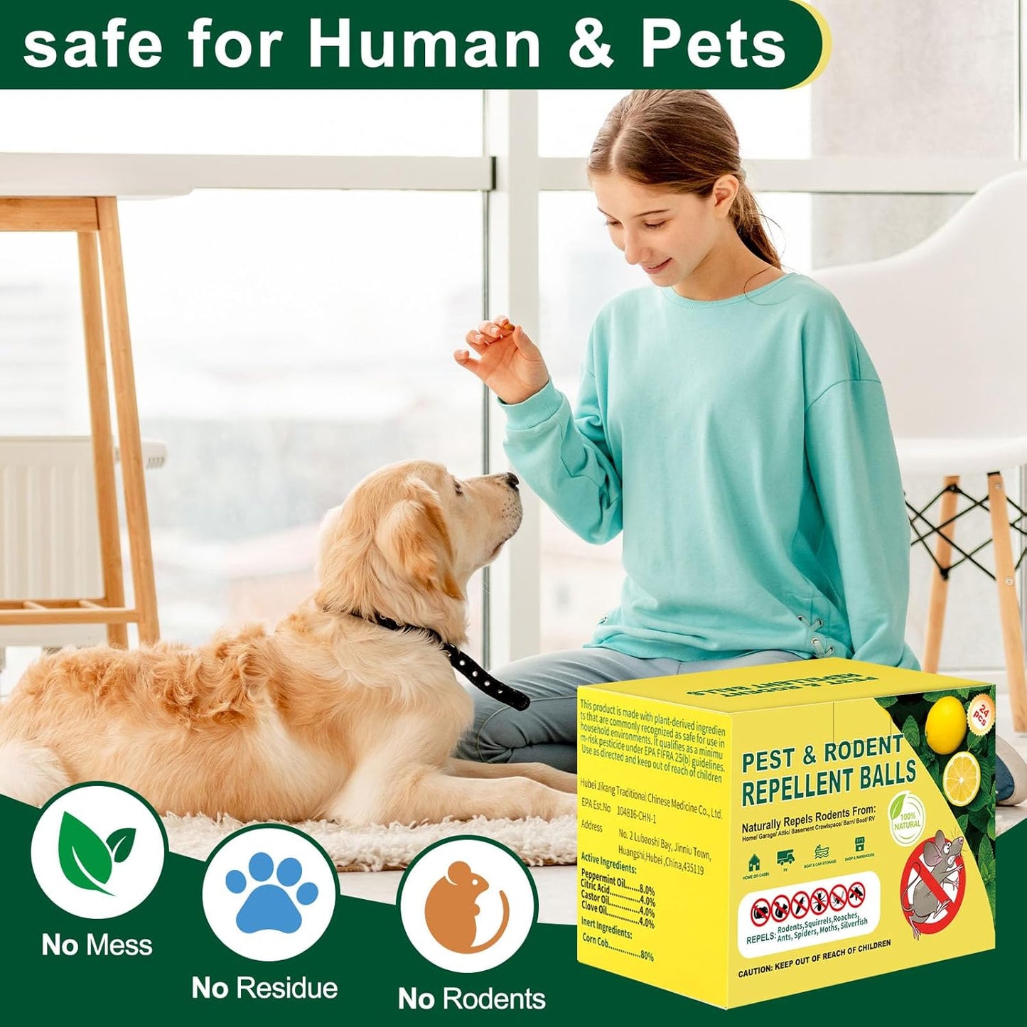 Mouse Rodent Repellent, Peppermint & Lemon Oil Mice Repellent Balls - 24 Pack Natural Rodent Deterrent for Indoor/Outdoor Use, Family & Pet Safe, Long-Lasting Insect Repellent for Home, Garden, Garage