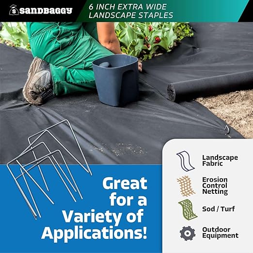 Sandbaggy 6" Wide Landscape Staples - Extra Heavy Duty: 7 Gauge Galvanized Steel - Hold Down Pipes, Landscape Fabric, Ground Cover, Erosion Control Netting, Sod, & Turf (100, 6" W x 8" L)