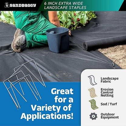 Sandbaggy 6" Wide Landscape Staples - Extra Heavy Duty: 7 Gauge Galvanized Steel - Hold Down Pipes, Landscape Fabric, Ground Cover, Erosion Control Netting, Sod, & Turf (100, 6" W x 8" L)