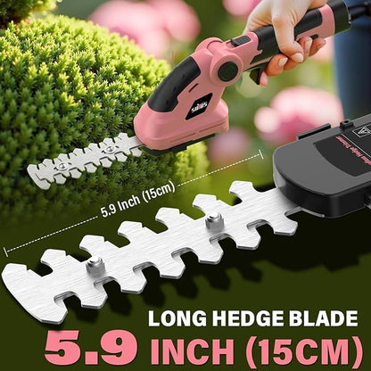 SOYUS Cordless Hedge Trimmer, 2 in 1 Electric Hedge Trimmers & Grass Shears, 7.2V Lightweight Shrub Trimmer Cordless with Battery and Charger, Ideal for Garden, Yard and Lawn - Pink
