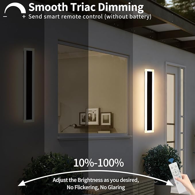 Upgrade Widened 2 Pack Long Modern Outdoor Wall Light, 31.4inch Dimmable 3000K-6000K, IP65 Waterproof LED Wall Sconce, Outside Lighting Fixture for House, Yard, Fence, Bathroom with Remote Control