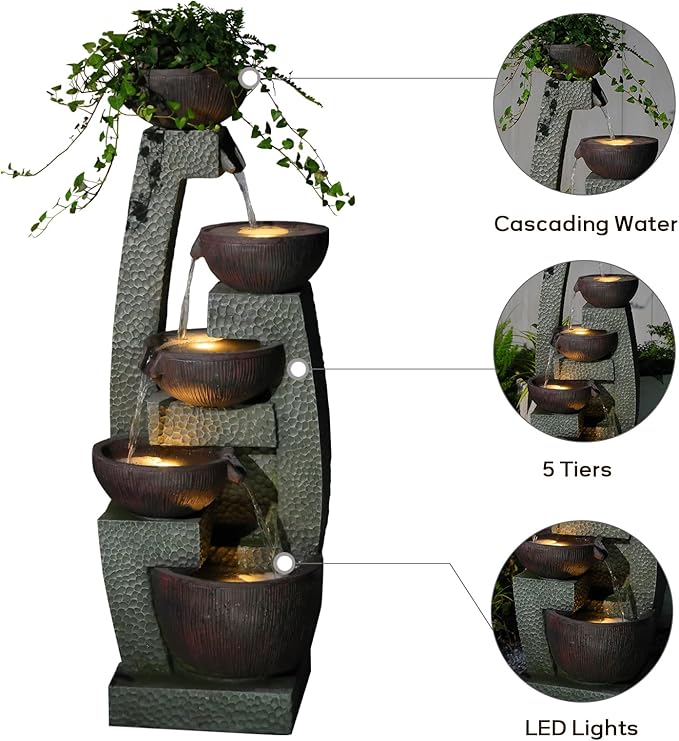 47.5" H Water Fountain Outdoor with LED Lights & Pump, 5-Tier Cascading Outdoor Fountain for Garden,Patio,Porch,Backyard,Home Art Decor Gifts for Housewarming