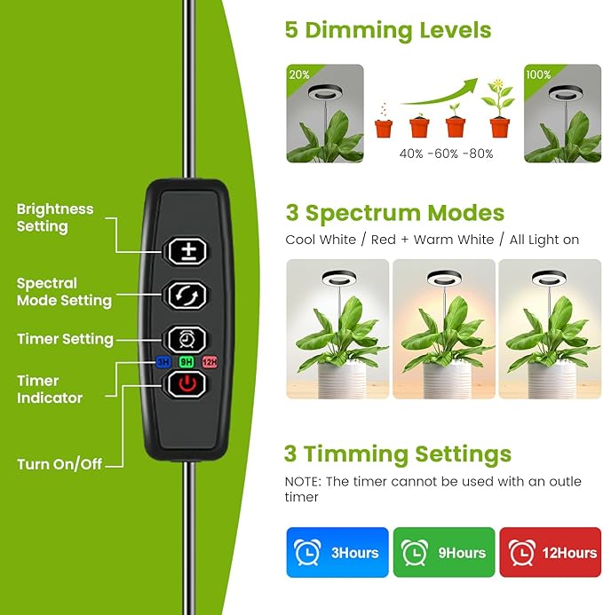 Kullinss Grow Light, 48 LEDs Full Spectrum Plant Lights for Indoor Growing, Small Plant Grow Light with 3/9/12H Timer, 3 Color Modes, 10 Brightness, Height Adjustable Grow Lamp for Small Plants