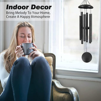 Sympathy Memorial Wind Chimes, 36' with 6 Metal Tubes, Outdoor Deep Tone for Garden, Christmas Hanging Decor - Black Grey