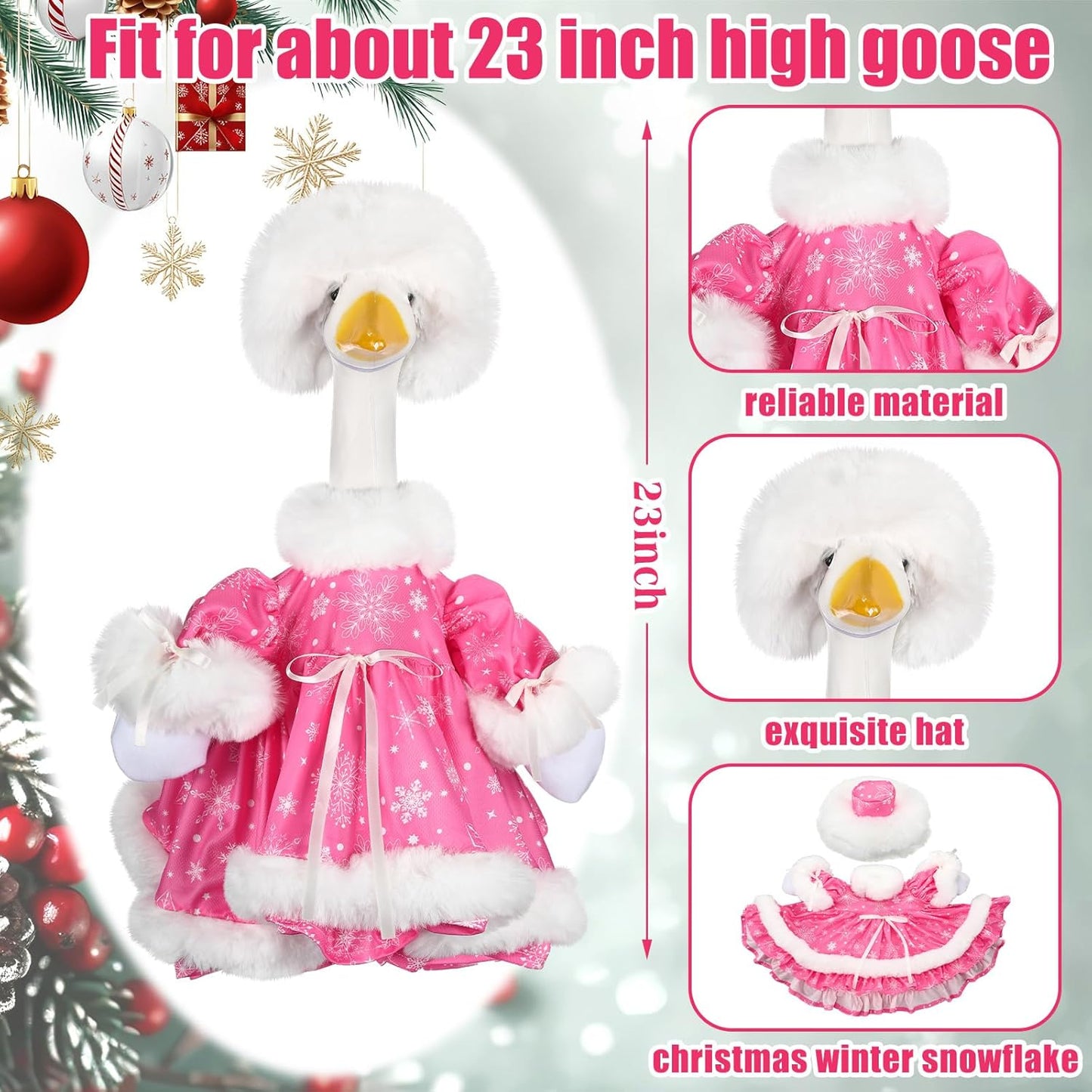 Suzile Pink Christmas Goose Outfit Dresses Clothes for 23" High Cement or Plastic Porch Goose Costume for Yard Lawn Outdoor Garden Patio Statue Xmas Santa Holiday Decor