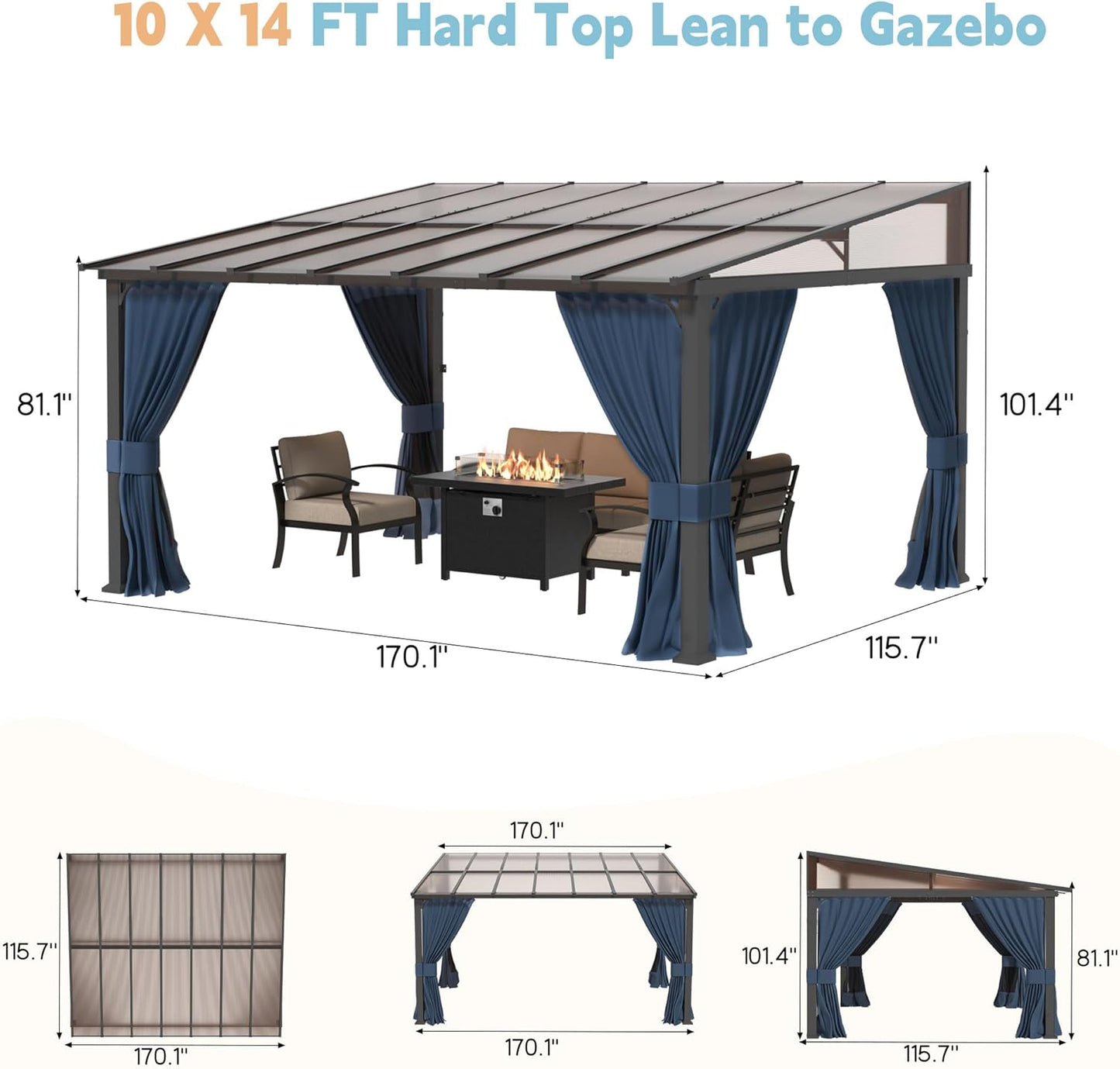 10' x 14' Gazebo，Hard Top Lean to Gazebo Wall Mount Heavy Hardtop Gazebos Outdoor Pergola with Curtains and Netting for Patio Garden Lawn Backyard Deck (Navy)