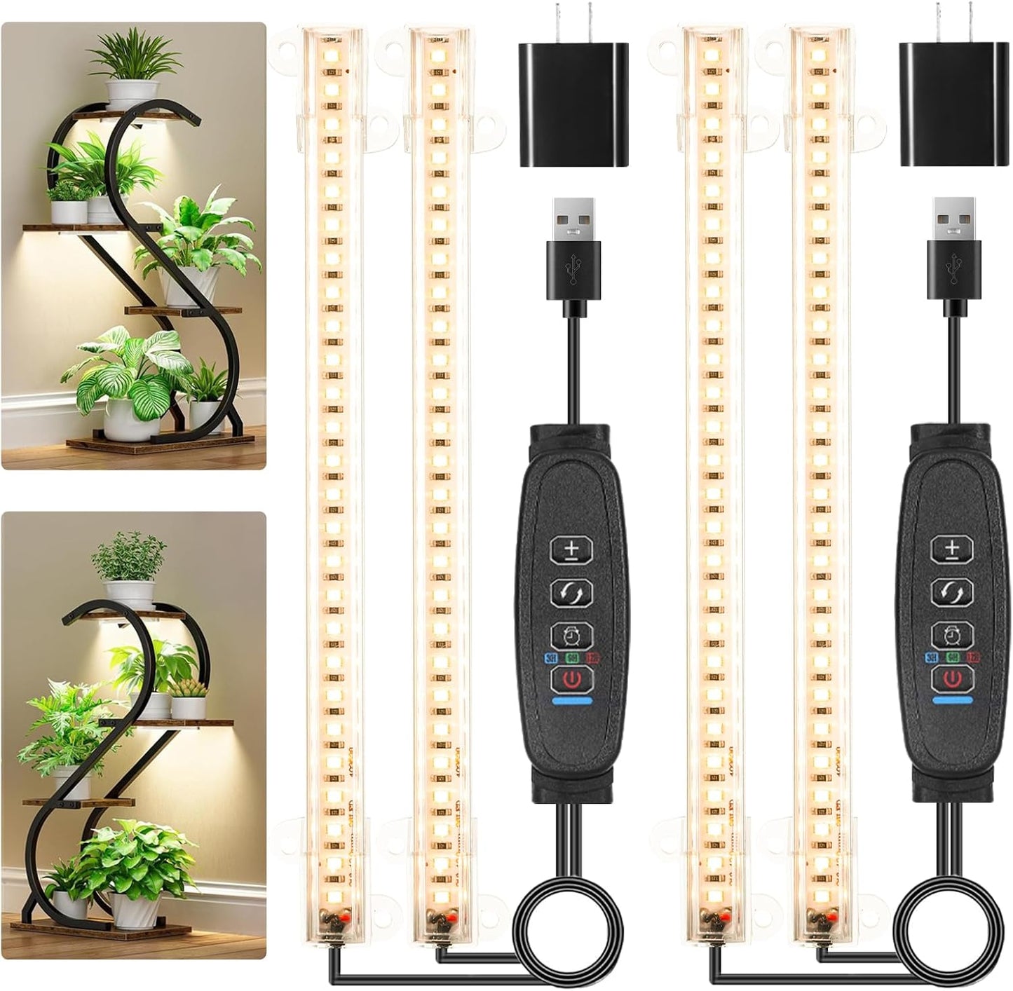 8.6'' Mini Two Strip Growing Lamp for Indoor Plants, 3000K Full Spectrum LED Grow Light Strips with Auto ON/Off 3/9/12H Timer & 10 Dimmable Levels for Green House Succulent (2 Head×2 Pack)