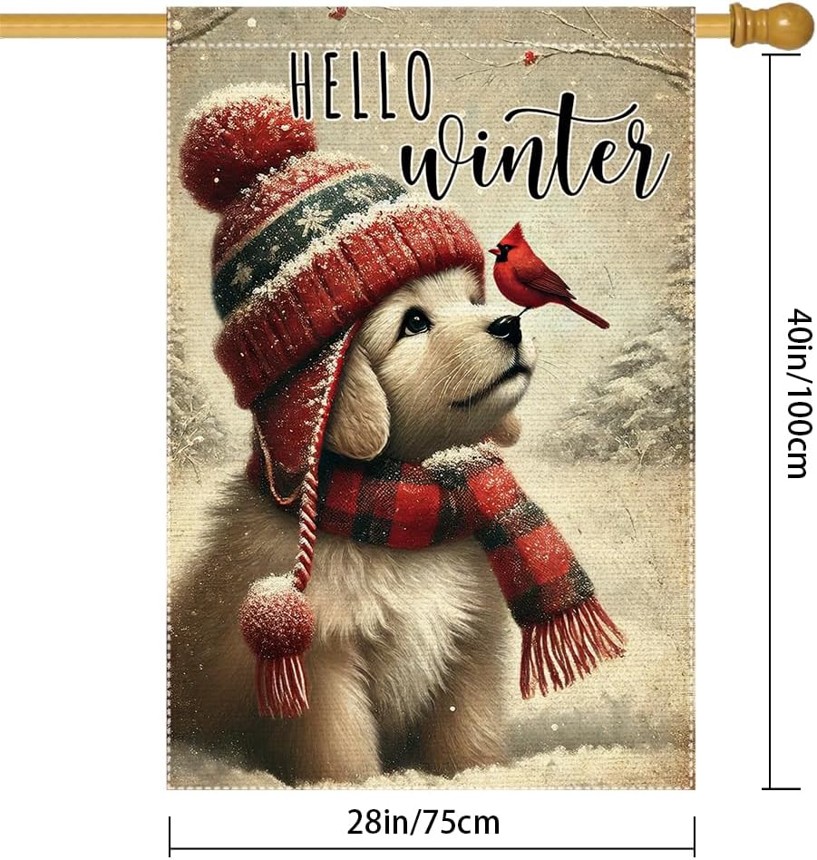 Hello Winter Dog Garden Flag 24x40 Vertical Double Sided Cardinal Bird Snow Christmas Holiday Outside Decorations Burlap Yard Flags (RMQ-58D, 24"X40")
