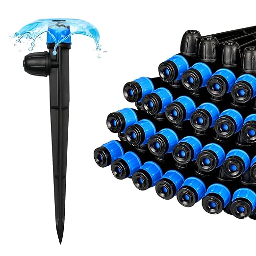 20 Pieces Drip Irrigation Emitters, Adjustable 360 Degree Drip Vortex Emitters on 5" with Stake for 1/4" Drip Irrigation Tubing Irrigation Fan Shape Drippers for Garden Watering System