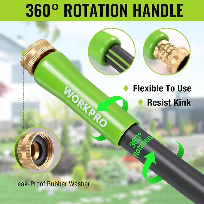 WORKPRO Garden Hose 5/8 IN x 50 FT, Heavy Duty, Flexible and Lightweight Water Hose with Rotary Handle, 3/4" GHT Solid Brass Fittings, for All-weather Outdoor, Lawn, Garden & Yard,Car wash