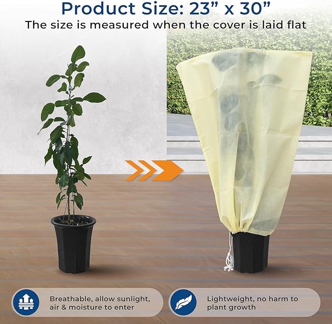 Plant Covers Freeze Protection, 2 Packs 23''W x 30''H Frost Protection Covers with Zipper & Drawstring, Winter Frost Cloth for Potted Plants, Outdoor Plant Blankets for Cold Weather