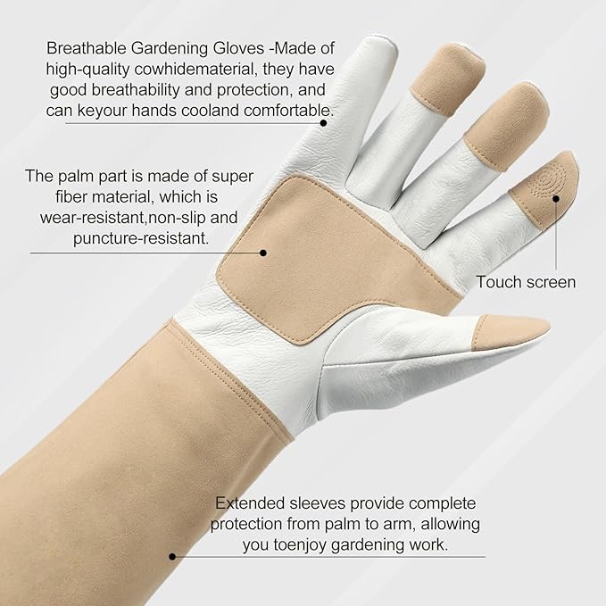Long Gardening Gloves Men & Women Breathable Cowhide Leather Rose Pruning Thorn Proof Durable Heavy Duty