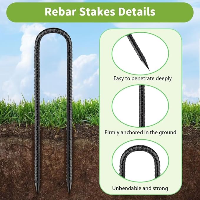 Rebar-Stakes-12-Inch, Ground Stakes Heavy Duty U-Hook Black Coated Anti-Rust Heavy Duty Ground Anchors for Garden Dog Fence Chicken Coop Christmas Decorations Deer Fence 8pcs