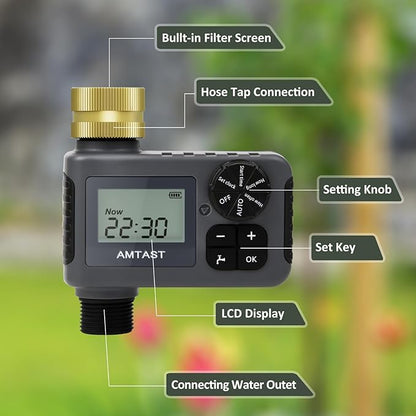 Sprinkler Timer with Brass Swivel Programmable Water Timer with Rain Delay/Manual/Automatic Drip Irrigation Function Watering System for Yard Crops Lawns Pool, 1 Outlet