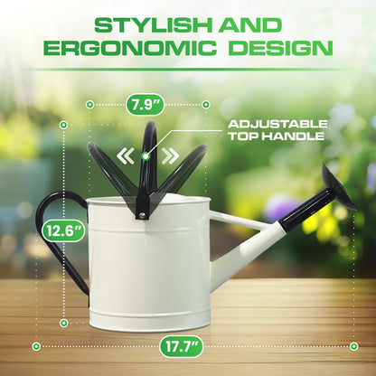 Plexon 1 Gallon Metal Watering Can Outdoor, Flower Plant Gardening Garden Large Watering Can Pot, Black Galvanized Steel Handles and Removable Spray Spout, Off-White