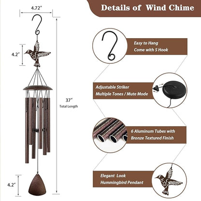 Wind Chimes, 37" Hummingbird Wind Chimes for Outside Garden Patio Yard Decor, Hummingbird Gifts for Mom Women Grandma Wife, Deep Tone Windchimes for Christmas, Mother's Day, Birthday