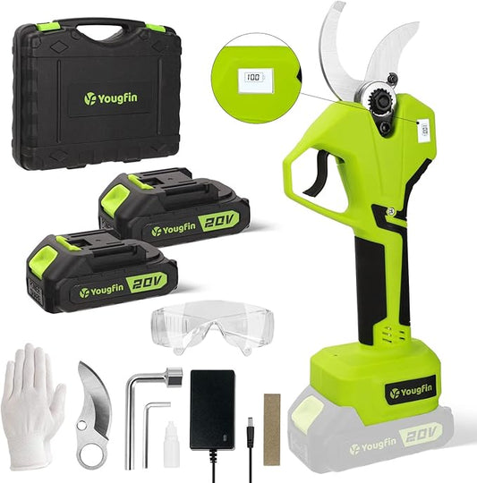 YOUGFIN Electric Pruning Shears 40mm (1.6 inch), Cordless Pruner Heavy Duty with LCD Display, 20V Power Scissors Brushless for Gardening, Battery Pruning Shears with SK5 Blades (2 * 2.0Ah)