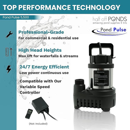 HALF OFF PONDS Pond Pulse 5,500 GPH Submersible Waterfall Pump – Hybrid Drive Pond Pump with 30' Cord – Energy Efficient, Fish Safe, 31' Max Head, for Skimmers & Large Water Features