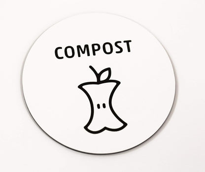 Compost Sign for Office & Home | 3” Round Compost Sign for Disposal Bin | White Acrylic - Laser Engraved Black Text & Icon | Home & Kitchen Waste Management