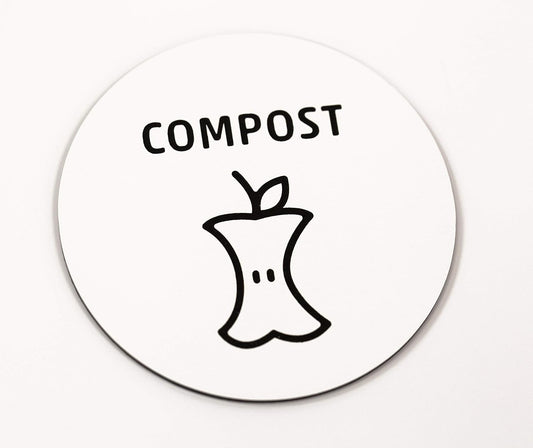 Compost Sign for Office & Home | 3” Round Compost Sign for Disposal Bin | White Acrylic - Laser Engraved Black Text & Icon | Home & Kitchen Waste Management