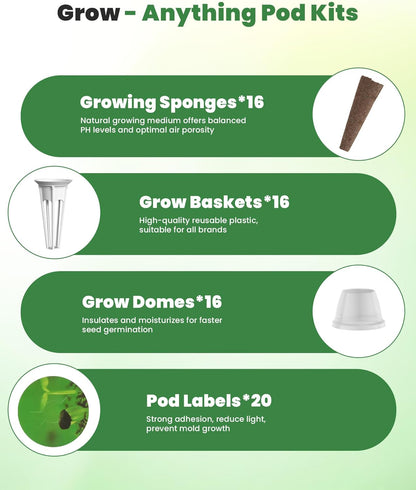 RAINPOINT 69pcs Hydroponic Seed Pod Kit - Growing System Accessories Compatible with All Brands, Grow Anything Kit with 16 Grow Sponges, 16 Grow Baskets, 20 Pod Labels, 16 Domes for Indoor Gardening