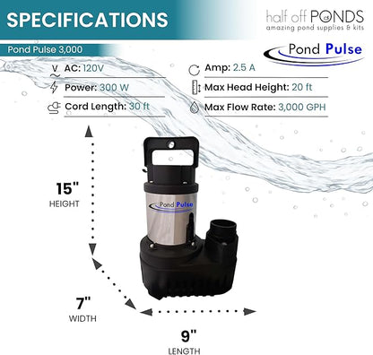 HALF OFF PONDS Pond Pulse 3,000 GPH Submersible Waterfall Pump – Hybrid Drive Pond Pump with 30' Cord – Energy Efficient, Fish Safe, 20' Max Head, for Skimmers & Large Water Features