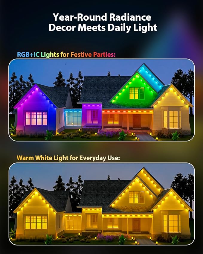 Permanent Outdoor Light Pro, 200ft with 144 RGB+IC LED Lights, 90 Scene Modes, AI Light Design, IP67 Waterproof for Halloween Christmas Decor and Daily Lighting, Work with Alexa, Google
