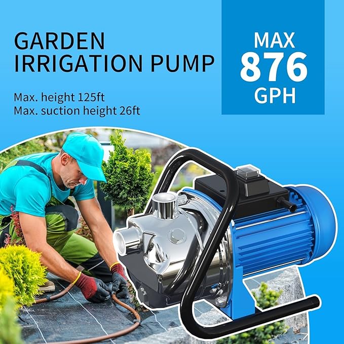 FOTING 1HP Portable Shallow Well Pump, 876GPH Garden Pump Stainless Steel, 125FT Jet Pumps, Water Pressure Booster Pumps, Water Transfer Lawn Draining Sprinkler Garden Irrigation