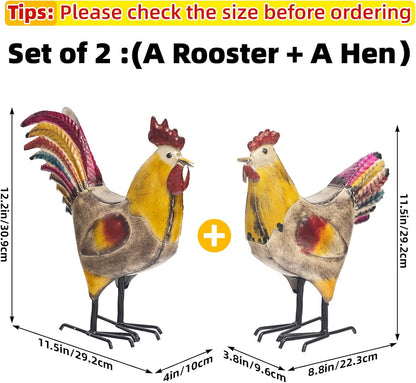 Set of 2 Metal Chicken Decor, Farmhouse Metal Rooster, Garden Chicken Statue, Hen and Rooster Ornaments Yard Art for Backyard Patio Lawn Decorations