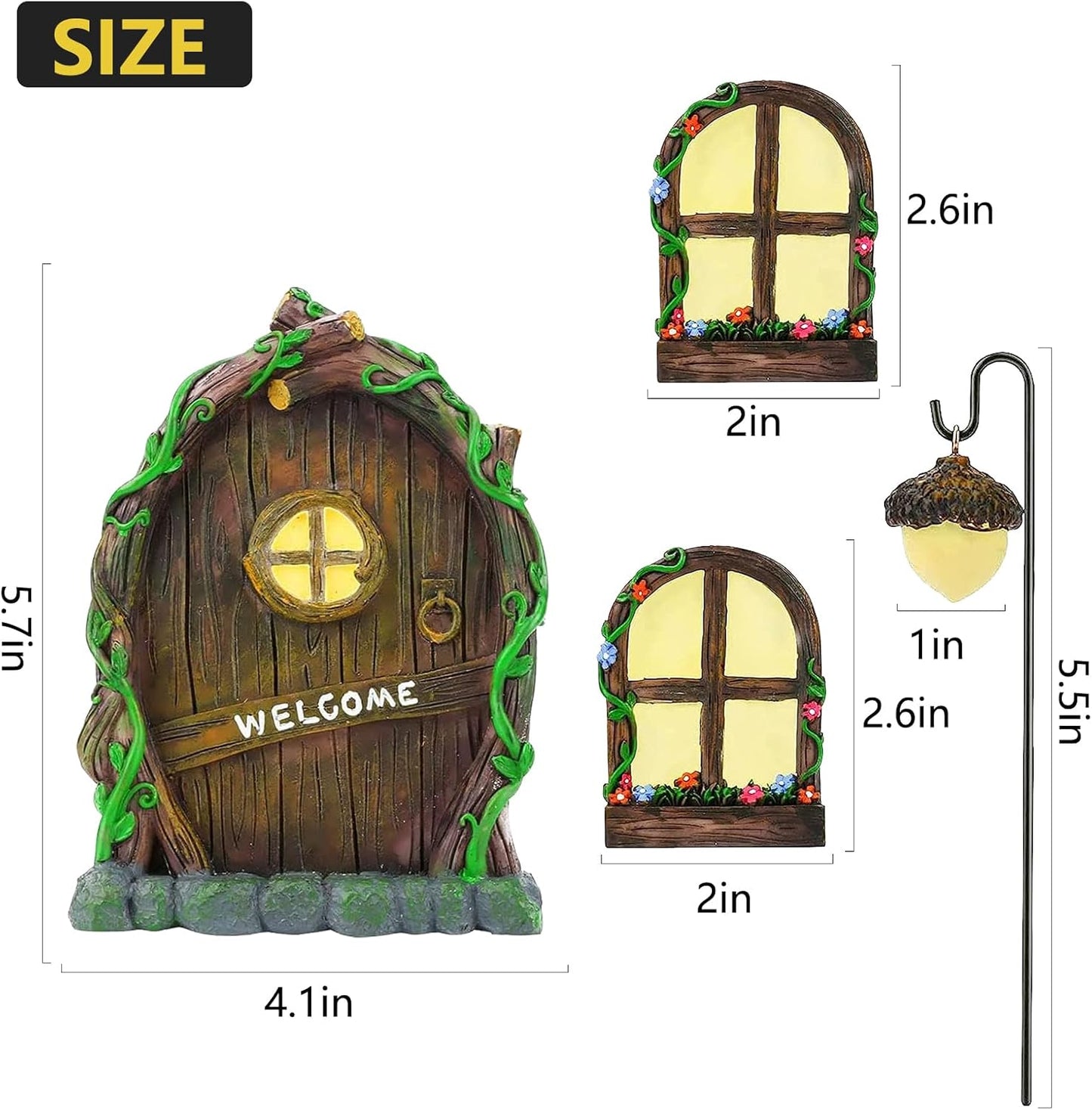 Miniature Fairy Garden Accessories: Glow in The Dark Fairy Door and Windows for Trees, Green Resin Garden Ornament with Lantern