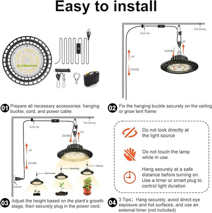 100W Hanging LED Grow Light for Indoor Plants, Full Spectrum UFO Lamp, IP65 Waterproof, 9.8 ft Cord with On/Off Switch, Smart Plug Compatible for Hydroponics, Greenhouse, Grow Tent