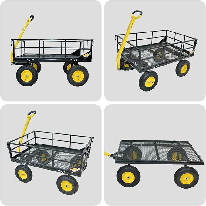1200 lbs Steel Garden Cart, Heavy Duty Yard Utility Wagon with 10" Pneumatic Tires, Removable Mesh Sides and 180° Rotating Anti-Slip 2-in-1 Convertible Handle