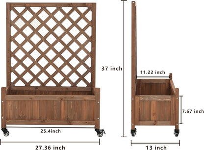 2 Pcs Wooden Planter Boxes with Trellis: Four Universal Wheels for Easy Mobility, 37.6" H x 27.5" W x 13" D,Perfect for Outdoor Climbing Plants on Patios, Balconies & Gardens