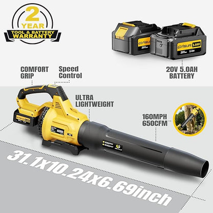 GEVEELIFE Leaf Blower Cordless, 650CFM & 3 Speed Levels, Electric Cordless Leaf Blower with 2 * 5.0Ah Battery Powered, Blowers for Lawn Care, Yard, Blowing Leaves, Dust, Snow