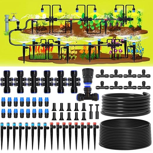 190.2FT Quick Connector Drip Irrigation System Kits Automatic Garden Watering Sprinkler with 1/2 &1/4 inch Tubing Hose Patio Misting Plant Irrigation Equipment for Indoor Greenhouse Flower Beds Lawn