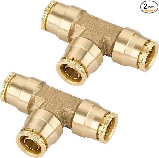 1/2" Quick Push to Connect Fittings Brass Union Tee Shaped Joint DOT Approved 1/2 Inch OD 3 Way Tube Air Line Adapter Air Spring Suspension Kit for Car Truck Trailers and Air Brake System 2pcs