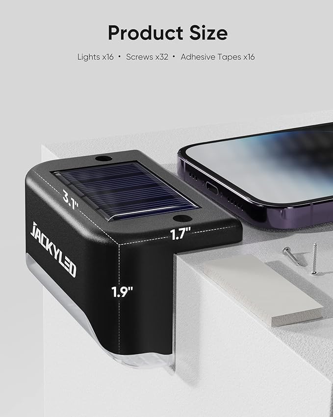 JACKYLED 16 Pack Deck Lights Solar Powered Color Changing, Outdoor Solar Fence Lights Waterproof LED Stair Lights for Patio Step Railing Wall Garden