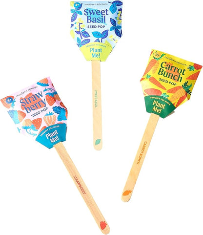 Modern Sprout Seed Pops - Organic Non-GMO Carrot, Strawberry & Basil Seeds for Planting - Fun Family Activity - Ideal for Indoor & Outdoor - Playful Gift for Kids, Adults and Plant Lovers (Pack of 12)