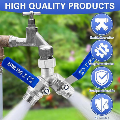 Garden Hose Splitter 2 Way Heavy Duty, 304 Stainless Steel Water Hose Splitter with Long Handle, Lead-free Y Water Garden Hose Splitter, 3/4" GHT Thread Full Flow 2 Way Water Hose Splitter