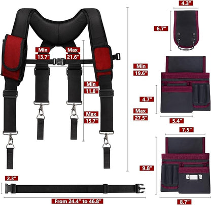 Tool Belt With Suspenders, 24 Pockets Tool Bag with Magnetic Wristband, Detachable Tool Pouch Bag, Adjustable Waists for Men Electrician Carpenter Construction (Red)