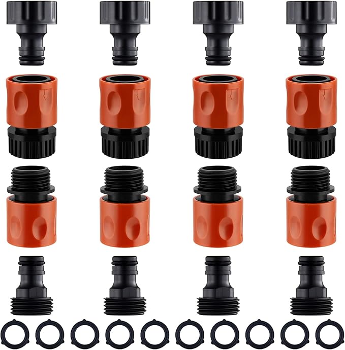 16 Pieces Garden Hose Quick Connect Fittings 3/4 Inch Plastic Water Hose Quick Connect Male and Female Water Hose End Adapters with 10 Pieces Rubber Washer (Red)