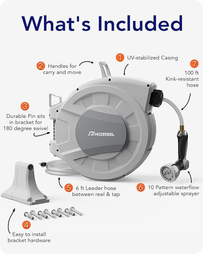 100 FT x 1/2" Retractable Garden Hose Reel by HOZEREEL, Decorative Outdoor Garden Hose Reels - Automatic Self Retract Wall Mount Hose Reel Enclosed Storage, Any Length Lock, 10 Pattern Nozzle-Grey