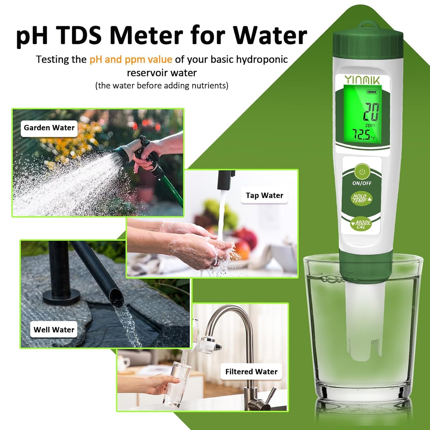 YINMIK pH EC Meter for Water Hydroponics, PPM Meter for Nutrients, Measure pH PPM Conductivity Temperature of Hydroponic Garden Water and Nutrient Solution, EC pH TDS Meter for Water, Aquarium, Pool