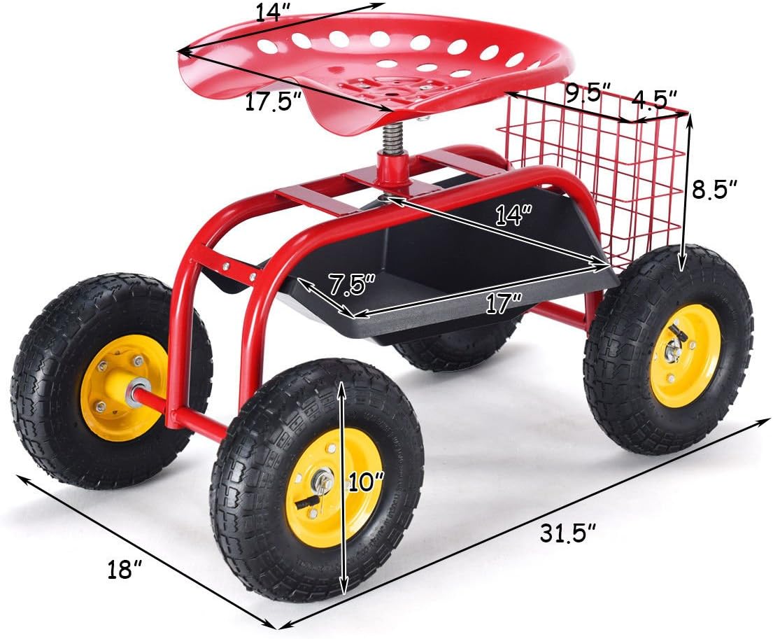 Giantex Rolling Garden Work Seat, 360 Swivel Gardening Workseat with Wheels, Tool Basket, Adjustable Height, Outdoor Scooter for Sitting, Gardening Stool Chair for Planting Trimming, Red