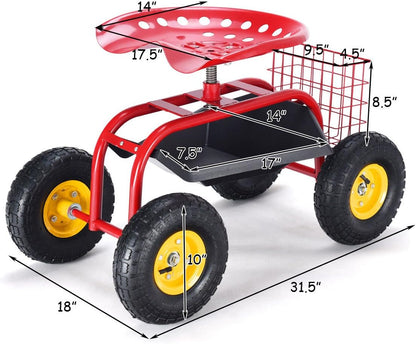 Giantex Rolling Garden Work Seat, 360 Swivel Gardening Workseat with Wheels, Tool Basket, Adjustable Height, Outdoor Scooter for Sitting, Gardening Stool Chair for Planting Trimming, Red