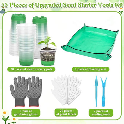 Caffox 55PCS Reusable Seed Starter Kit Includes 30 Packs 3.5" Clear Nursery Pots with Silicone Base, Repotting Mat, Gardening Gloves, Plant Labels and Seedling Tools for Easy Transplant