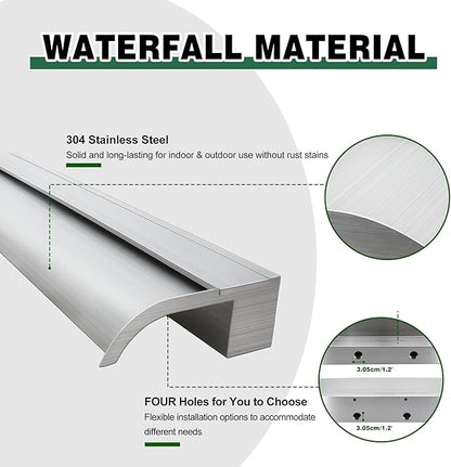 Waterfall Spillway, Stainless Steel Pool Fountain w/Top Open Lip & Pipe Connector Kits for Outdoor/Indoor Decorative, 35.4'' Pool Water Feature for Garden Patio, Backyard Koi Pond Decor