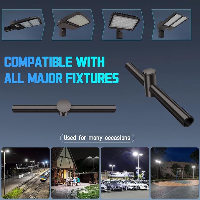 180° Spoke Tenon Adaptor Bracket, Durable Horizontal Round Pole Mounting Arm for 2 Lights, 2 3/8 in Top Mounting Bracket for Parking Lot Light Street Shoebox Lighting